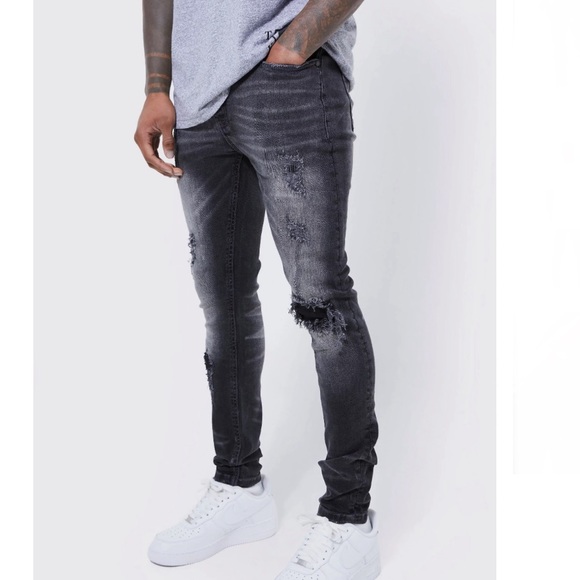 BOOHOO MAN SKINNY STRETCH RIP & REPAIR SELF FABRIC DENIM JEANS IN GREY 32 x 32” - Picture 6 of 14